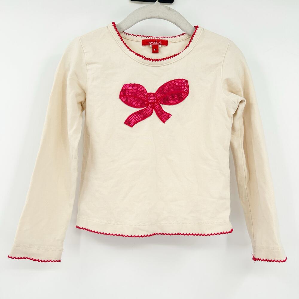 OneKid Girls Cotton Stretch Sequin Bow‎ Crewneck Long Sleeve Top 4T Cream Red